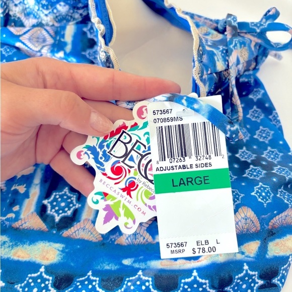 NWT BECCA Blue Patterned Bikini 2-piece Set Swim Tank Top + Bottom Size Large - Picture 7 of 10